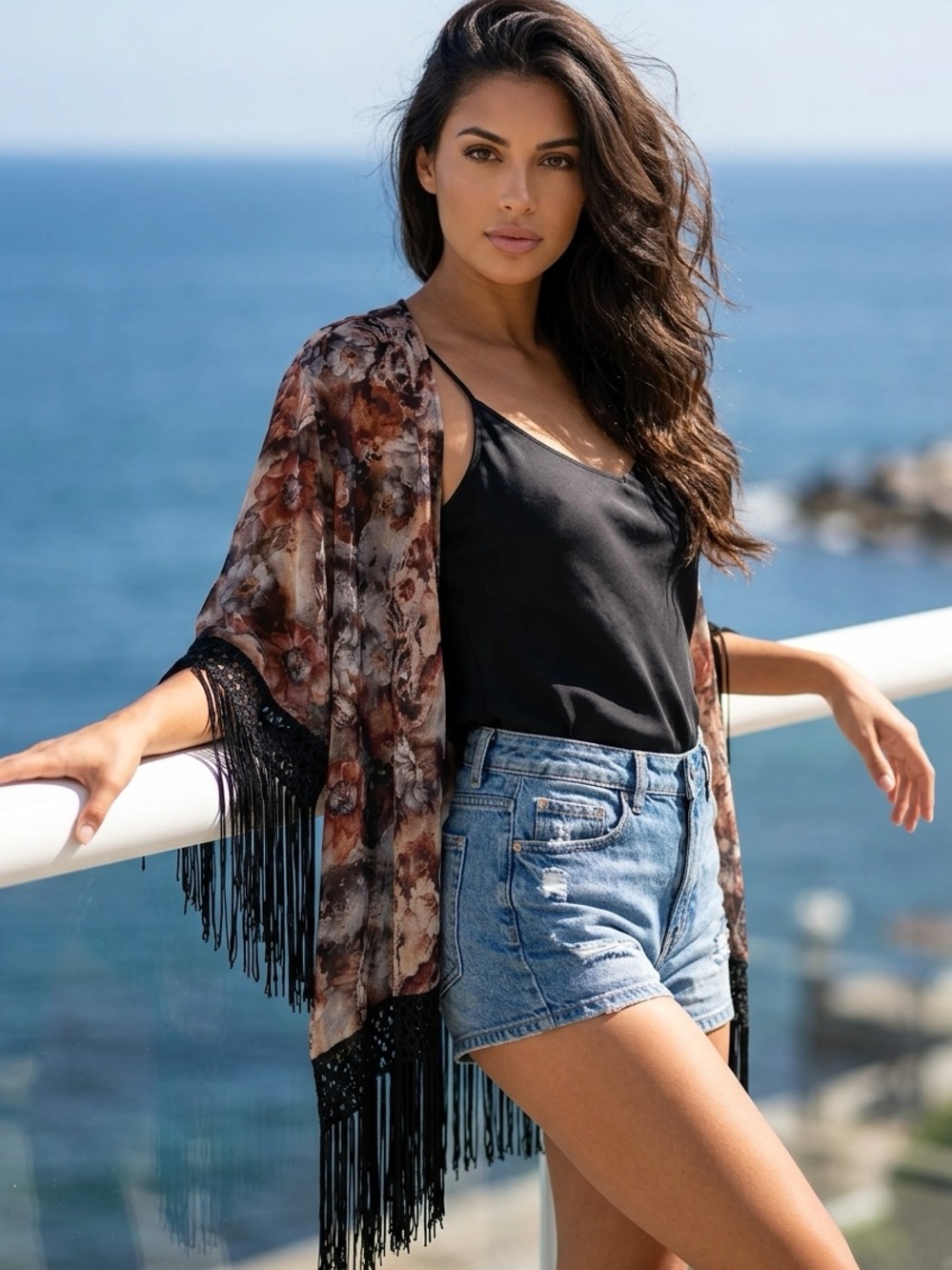 Sans Souci Black and Brown Floral Fringe Kimono (M)